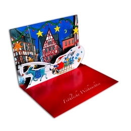 3D Weihnachtskarte Eselschlitten - Druckerei Lindner steht für: Kreative Drucksachen drucken, 3D -Pop-ups drucken,  Effektkarten drucken, Magic-Flyer drucken,Aufsteller drucken