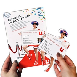 Messekarte mit Gardemädchen Pop-up - Druckerei Lindner steht für: Kreative Drucksachen drucken, 3D -Pop-ups drucken,  Effektkarten drucken, Magic-Flyer drucken,Aufsteller drucken