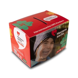 Spendenbox Herzenssache - Druckerei Lindner steht für: Kreative Drucksachen drucken, 3D -Pop-ups drucken,  Effektkarten drucken, Magic-Flyer drucken,Aufsteller drucken