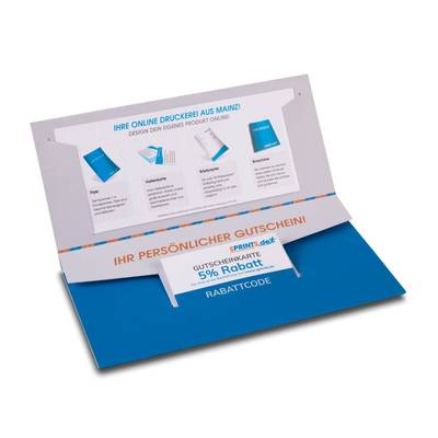 Klappkarte mit aufziehbarem Gutscheinfach - Druckerei Lindner - Ihr Hersteller für Effektkarten, Präsentationsboxen und Mailings