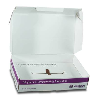 Produktproben Schachtel Evonik - Lindner steht für Beratung - Kreation - Veredelung - Druck - Konfektionierung