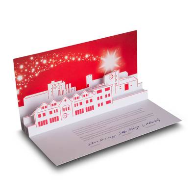 Weihnachtskarte mit Häuser Silhouette - Druckerei Lindner - Ihr Hersteller für Effektkarten, Präsentationsboxen und Mailings