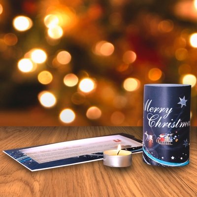 Weihnachtskarte mit Teelicht - Druckerei Lindner steht für: Kreative Drucksachen drucken, 3D -Pop-ups drucken,  Effektkarten drucken, Magic-Flyer drucken,Aufsteller drucken