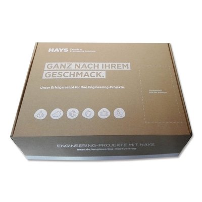 Kiste aus Braunpappe mit Deckweiß bedruckt - Druckerei Lindner - Ihr Hersteller für Effektkarten, Präsentationsboxen und Mailings